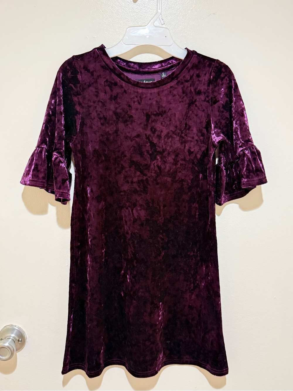 kidpik Velvet Ruffle Sleeve Dress - Plum